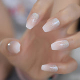 Popxstar Holo Glitter Pink Nude French Ballerina Coffin False Nails Gradient Natural Press on Fake Nails Tips Daily Office Finger Wear