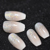 Popxstar Holo Glitter Pink Nude French Ballerina Coffin False Nails Gradient Natural Press on Fake Nails Tips Daily Office Finger Wear