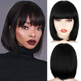 Popxstar Synthetic Wig Short Straight With Bangs Pink Black Purple Blond White Wig Female Short Bob Halloween Christmas Party Cosplay Wig