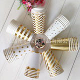 Popxstar 8pcs Golden Cup Party Paper Disposable Tableware Birthday Party Dinner Plate Polka Dot Striped Cup