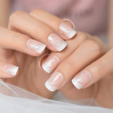 Popxstar Holo Glitter Pink Nude French Ballerina Coffin False Nails Gradient Natural Press on Fake Nails Tips Daily Office Finger Wear