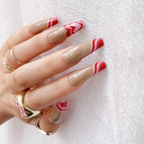 Popxstar 24Pcs Brown Pink Wavy Lines Detachable Long Ballerina False Nails With Glue Press On Fake Full Cover Nail Tips Manicure Tools