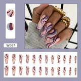 Popxstar 24Pcs Brown Pink Wavy Lines Detachable Long Ballerina False Nails With Glue Press On Fake Full Cover Nail Tips Manicure Tools