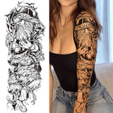 Popxstar Black God Wolf Temporary Sleeve Tattoos For Women Men Adult Skull Geometric Tattoo Sticker Fake Flower Full Arm Tatoos Realistic