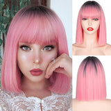 Popxstar Synthetic Wig Short Straight With Bangs Pink Black Purple Blond White Wig Female Short Bob Halloween Christmas Party Cosplay Wig