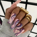 Popxstar 24Pcs Brown Pink Wavy Lines Detachable Long Ballerina False Nails With Glue Press On Fake Full Cover Nail Tips Manicure Tools