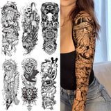 Popxstar Black God Wolf Temporary Sleeve Tattoos For Women Men Adult Skull Geometric Tattoo Sticker Fake Flower Full Arm Tatoos Realistic
