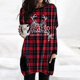 Popxstar All-match Dress Ladies Christmas Elk Print Plaid Plus Size Casual Long-sleeve Pocket Female Round Neck Loose Dresses Pullover