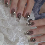 24pcs Bridal Nail Art tips with design press on nails long false nails glue coffin nail tips Rhinestones Glitter stick on nails