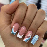 Popxstar 24Pcs Short Square/round Head Fake Nail Glitter Sequin French False Nails Wearable Artificial Press on Nails Manicure Tools