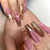 Popxstar 24Pcs French Long Ballet Nails Set Press on Long False Nails with Pink Rhinestone Wearable Coffin Fake Nails Full Cover Nail Tip
