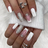 Popxstar 24Pcs Press On Nails Wearable Fake Nails Pink Gradient Glitter Butterfly Rhinestones False Nail Full Cover Acrylic Nail Tips