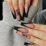 Popxstar 1Box Black Transfer Butterfly Nail Tips 24Pcs/Kit Tai Chi,Smile,Grimace Press On Fake Nails With Glue Long Coffin Wears Nail Tip