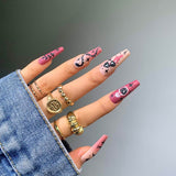 Popxstar Pink Cow Design False Nail French Full Cover Long Coffin Fake Nails Glue DIY Manicure Nail Art Tools Press on Nails Nail Tips Halloween