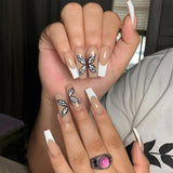 Popxstar Pink Cow Design False Nail French Full Cover Long Coffin Fake Nails Glue DIY Manicure Nail Art Tools Press on Nails Nail Tips Halloween