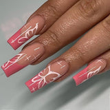 Popxstar Pink Cow Design False Nail French Full Cover Long Coffin Fake Nails Glue DIY Manicure Nail Art Tools Press on Nails Nail Tips Halloween