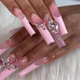 Popxstar 24Pcs French Long Ballet Nails Set Press on Long False Nails with Pink Rhinestone Wearable Coffin Fake Nails Full Cover Nail Tip