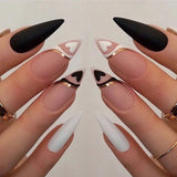 Popxstar 1Box Black Transfer Butterfly Nail Tips 24Pcs/Kit Tai Chi,Smile,Grimace Press On Fake Nails With Glue Long Coffin Wears Nail Tip