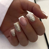 Popxstar 24Pcs Simple Black Fake Nail Short Square Head False Nails with Glitter Star Designs Wearable French Press on Nail Tips Manicure