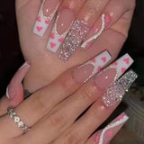 Popxstar 24Pcs French Long Ballet Nails Set Press on Long False Nails with Pink Rhinestone Wearable Coffin Fake Nails Full Cover Nail Tip