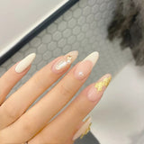 Popxstar 24pcs/box Hairband Bow Pearl Fake Nails Long Pointed Gold Foil French Style Press On Nails False Nails With Glue Finger Tip Art