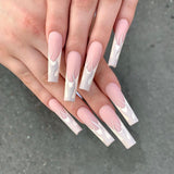 Popxstar 1Box Black Transfer Butterfly Nail Tips 24Pcs/Kit Tai Chi,Smile,Grimace Press On Fake Nails With Glue Long Coffin Wears Nail Tip