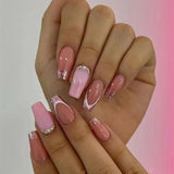 Popxstar 24Pcs Press On Nails Wearable Fake Nails Pink Gradient Glitter Butterfly Rhinestones False Nail Full Cover Acrylic Nail Tips