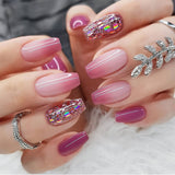 Popxstar 24Pcs Press On Nails Wearable Fake Nails Pink Gradient Glitter Butterfly Rhinestones False Nail Full Cover Acrylic Nail Tips