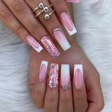 Popxstar 24Pcs French Long Ballet Nails Set Press on Long False Nails with Pink Rhinestone Wearable Coffin Fake Nails Full Cover Nail Tip