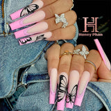 Popxstar 1Box Black Transfer Butterfly Nail Tips 24Pcs/Kit Tai Chi,Smile,Grimace Press On Fake Nails With Glue Long Coffin Wears Nail Tip