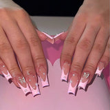 Popxstar 24Pcs Extra Long Square Press on Nails Detachable French False Nails with Rhinestone Long Ballet Fake Nail Tip Finished Nails