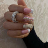 Popxstar 24Pcs Press On Nails Wearable Fake Nails Pink Gradient Glitter Butterfly Rhinestones False Nail Full Cover Acrylic Nail Tips