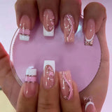 Popxstar 24Pcs Press On Nails Wearable Fake Nails Pink Gradient Glitter Butterfly Rhinestones False Nail Full Cover Acrylic Nail Tips