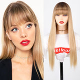 Popxstar Synthetic Blonde Wig with Bangs Short Wigs for Women Golden Wig Straight Bob Wig Natural Heat Resistant Wigs 11 Inches for Party