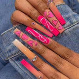 Popxstar 24Pcs French Long Ballet Nails Set Press on Long False Nails with Pink Rhinestone Wearable Coffin Fake Nails Full Cover Nail Tip