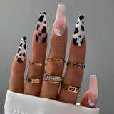 Popxstar Pink Cow Design False Nail French Full Cover Long Coffin Fake Nails Glue DIY Manicure Nail Art Tools Press on Nails Nail Tips Halloween