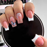 Popxstar 24Pcs Simple Black Fake Nail Short Square Head False Nails with Glitter Star Designs Wearable French Press on Nail Tips Manicure
