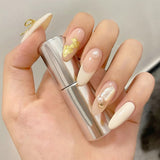 Popxstar 24pcs/box Hairband Bow Pearl Fake Nails Long Pointed Gold Foil French Style Press On Nails False Nails With Glue Finger Tip Art