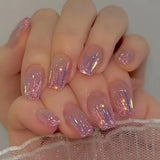 Popxstar 24Pcs Press On Nails Wearable Fake Nails Pink Gradient Glitter Butterfly Rhinestones False Nail Full Cover Acrylic Nail Tips