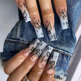 Popxstar 1Box Black Transfer Butterfly Nail Tips 24Pcs/Kit Tai Chi,Smile,Grimace Press On Fake Nails With Glue Long Coffin Wears Nail Tip