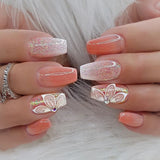 Popxstar 24Pcs Press On Nails Wearable Fake Nails Pink Gradient Glitter Butterfly Rhinestones False Nail Full Cover Acrylic Nail Tips