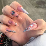 Popxstar 24Pcs False Nails With Glue Almond Pink Butterfly Design Detachable Rhinestones Acrylic Fake Nails long stiletto Press On Nails