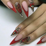 Popxstar 24Pcs False Nails With Glue Almond Pink Butterfly Design Detachable Rhinestones Acrylic Fake Nails long stiletto Press On Nails