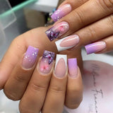 Popxstar 24Pcs Short Square/round Head Fake Nail Glitter Sequin French False Nails Wearable Artificial Press on Nails Manicure Tools