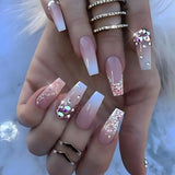 Popxstar 24Pcs Press On Nails Wearable Fake Nails Pink Gradient Glitter Butterfly Rhinestones False Nail Full Cover Acrylic Nail Tips
