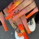 Popxstar 1Box Black Transfer Butterfly Nail Tips 24Pcs/Kit Tai Chi,Smile,Grimace Press On Fake Nails With Glue Long Coffin Wears Nail Tip
