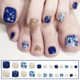 Popxstar 24pcs Blue Color Japanese Summer Wearable Foot Fake Nail Short Length Paillette Faux Rhinestone Decor Finished press on toenails