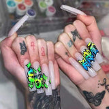 Popxstar 1Box Black Transfer Butterfly Nail Tips 24Pcs/Kit Tai Chi,Smile,Grimace Press On Fake Nails With Glue Long Coffin Wears Nail Tip