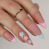 Popxstar 24Pcs False Nails With Glue Almond Pink Butterfly Design Detachable Rhinestones Acrylic Fake Nails long stiletto Press On Nails