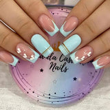 Popxstar 24Pcs Short Square/round Head Fake Nail Glitter Sequin French False Nails Wearable Artificial Press on Nails Manicure Tools